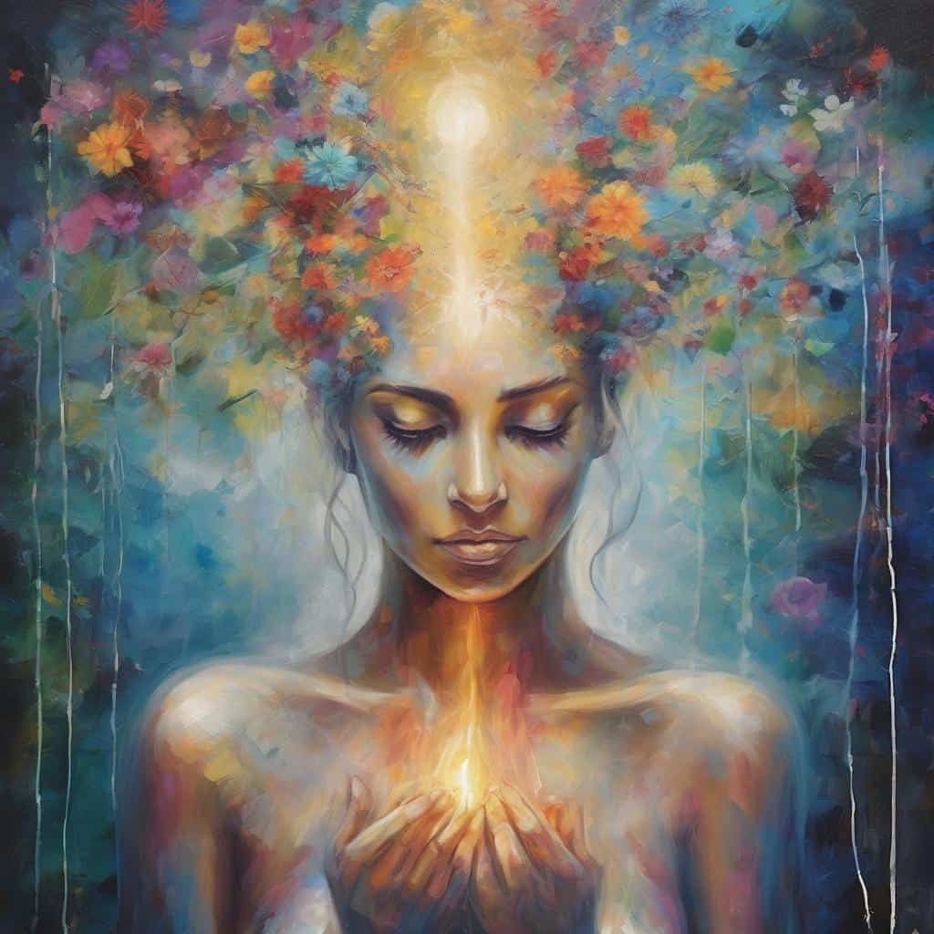 Ομορφη γυναίκα με λουλούδια στο κεφάλι και φως στην καρδιά, σύμβολο θετικής αλλαγής και αυτο-ανακάλυψης.