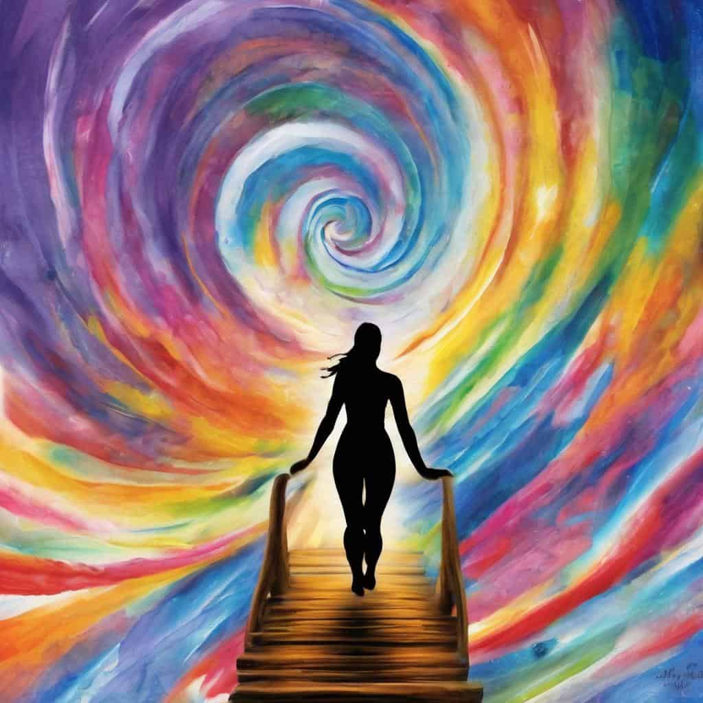 Άνθρωπος σε γέφυρα με πολύχρωμο spiral background.