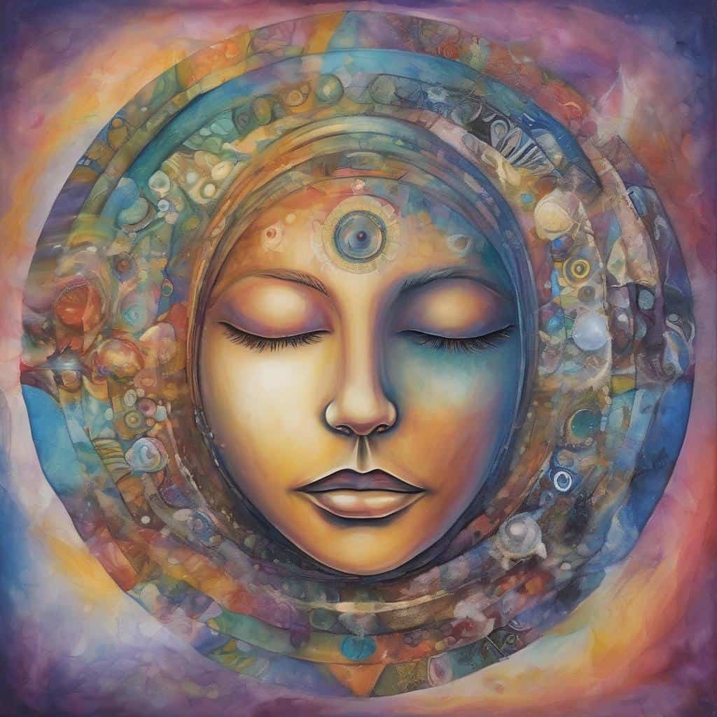 Μια όμορφη εικονογράφηση γυναικείου προσώπου με πολύχρωμο φωτοστέφανο, συμβολίζει εσωτερική αρμονία και αυτογνωσία.