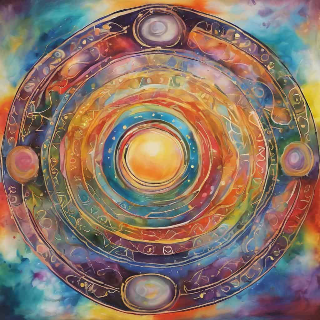 Αυθεντικό πίνακα με πολύχρωσες κυκλικές γραμμές και φωτεινό κέντρο, ιδανικό για πνευματική ανάπτυξη και αυτοβελτίωση.
